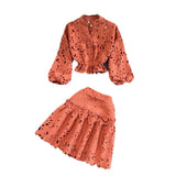 Temperament V-Neck Hollow Embroidered Lantern Sleeve Short Shirt Women Two Sets Hit High Waist Thin Word Half