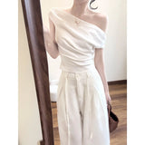 Good-Looking Pure Sleeves Short-Sleeved T-Shirt High-Rise Thin Leg Pants Women's Summer Seaside Holiday Wind Leisure