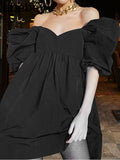 V-neck Loose Lantern Sleeve Mini Dress Fashion Blue Summer Women A-line dress 2022 Solid retro high waist
