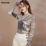 Vintage Designer Clothes Graphic Print Mesh Tops Turtleneck England Style Elegant Long Sleeve T-shirt Sheer Tops