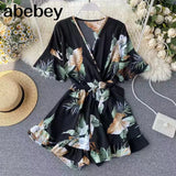 Ruffled Women Playsuits Elastic High Waist Bow Female Jumpsuit Romper Butterfly Sleeve Short Overalls for