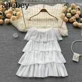 Spaghetti Strap Woman Dress Summer Solid Ruffles Off Shoulder Sundress Elegant Chiffon A-Line Beach Boho Dresses