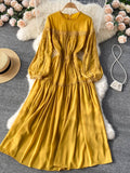 Yellow/Purple/Green Lace Patchwork Long Dress Women Spring Autumn Elegant Round Neck Puff Sleeve High Waist A-Line Party