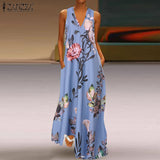 Printed Maxi Dress ZANZEA 2022 Women's Sundress Casual Summer Long Vestido Female V Neck Party Robe Femme Linen Dress