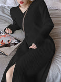 Dress Women Casual Long Sleeve Elegant Sweater Midi Dress Office Lady Pure Color One Piece Dress Korean 2022 Autumn