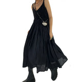 TWOTWINSTYLE Ruched Midi Dress For Women V Neck Sleeveless High Waist Solid Minimalist Long Dresses Female Summer Clothing