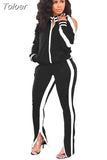 Winter Two Piece Set Tracksuit For Women Long Sleeve Striped Coat And Skinny Pants Sweat Suits Casual Sportswear