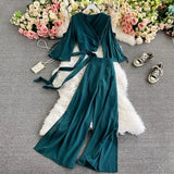 Women Bandage Two Piece Set Spring Autumn Solid Blue/Red/Green Long Sleeve Short Tops And High Waist Split Pants Female Suit