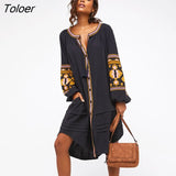 Elegant Women's Boho Dress O-Neck Single-Breasted Puff Sleeve Floral Embroidery Vintage Dresses Bohemian Beach
