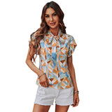 Chiffon Stand Collar Printed Short Sleeve