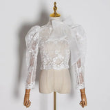 Lace Embroidery Perspective Shirt For Women Stand Collar Puff Long Sleeve Slim Blouses Female Fashion