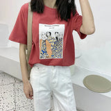 Oil Painting Print T-shirt Women Short Sleeve Loose 100% Cotton Shirt 2021 Female Basic Tops Summer Ladies Tees