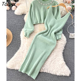 Winter Women Knitted Sets Fashion Breading Long Sleeve Pearl Sweater+Knitted Camis Dress Sets Fashion Sweater