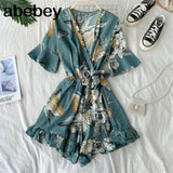 Ruffled Women Playsuits Elastic High Waist Bow Female Jumpsuit Romper Butterfly Sleeve Short Overalls for