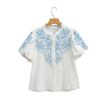 Women's New Bubble Sleeve Embroidered Short-Sleeved Shirt