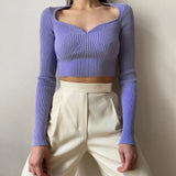 Heart Collar Long Sleeve Woman Sweaters Knitted Pullover Women Spring Autumn Short Sweater Winter Tops Women Casual Rib