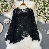 Cut-Cut Pattern Round-Neck Long-Sleeved Lace Women's Shirt 2025 Summer High-End Elegant