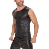 Toloer Men's Sexy Matte Leather Vest Bright Leather Sleeveless T-Shirt Size Accurate No Smell-Outfit