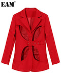 Women Red Hollow Out Casual Blazer New Lapel Long Sleeve Loose Fit Jacket Fashion Tide Spring Autumn 2023