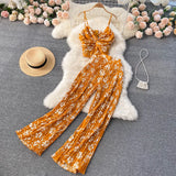 Women Summer Boho Floral Holiday Set V Neck Puff Sleeve Short Tops+High Waist Sexy Split Wide Leg Pants Two Pieces