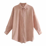 Autumn Women Solid Loose Corduroy Blouses Shirts Turn Down Collar Batwing Long Sleeve Shirts Female Fashion Pocket
