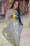 Lip Print Drawstrings O-Neck Shirt
