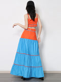 Patchwork Colorblock Two Piece Set Women V Neck Sleeveless Tops High Waist Loose Ankle Length Skirt Female Sets