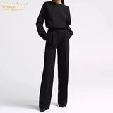 Fashion Black Office Two Piece Sets Womens Outifits Elegant O-Neck Long Sleeve Shirts With Hihg Waist Straight Pants