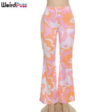 Puss 2021 New Thin Wide Leg Pants Chic Women Orange Printed Streetwear Stretchy Casual Female Elegance Wild Slim