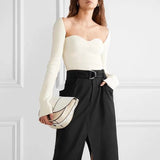 2023 New Autumn Sexy Stylish Sqaure Collar Full Sleeves Knitting Pullover Sexy Slim T-shirt Female Top