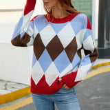Autumn Women Color Block Knitted Sweater Casual Argyle Print Long Sleeve O-neck Knitwear Blue Brown Winter Pullovers