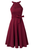 Vintage Halter Sleeveless Solid Lace Bow A-line Midi