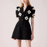 Temperament 3D Flowers Notched Collar Blazer Dress For Women Sexy Off Shoulder Elegant Slim Office Mini Dress