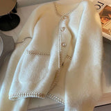 Small Scented Pearl Buckle Sweater Cardigan Women's Top Autumn And Winter White Soft Milk Marinade Knitted