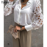 Lace Satin Blouse Women Casual Hollow Long Sleeve Top Fashion Button White Shirt Loose Solid Spring Autumn Tops