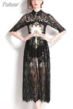 Women Summer Dress Runway Design Vintage Printed Lace Stitching Long Dress Fashion Fake Two Elegant Dress