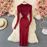 Women Shiny Knitted Dress Long Sleeve O Neck Elastic Slim Pencil Dresses Autumn Sexy Bodycon Streetwear Sweater
