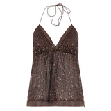 Sequin Sexy Hottie V-Neck Solid Color Hanging Neck With Small Vest