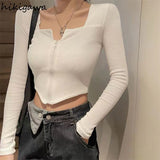 Blusas Mujer De Moda Crop Tops Korean Y2k Clothing Square Collar Long Sleeve Zipper T-shirts Women Sexy Fashion