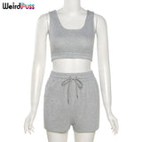 Puss 2 Piece Sets Women Casual Cotton Tracksuit Fitness Tank Top Drawstring Shorts Activity Stretchy Summer Street