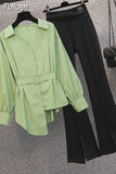 New Elegant Women's Pants Set Personalized Chiffon Shirt Top Black Trousers Two Piece Set Female