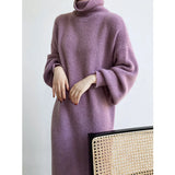 Women's Roll Collar Turtleneck Lantern Sleeves Knitted Dress Purple Gray White Brown Straight Sweater