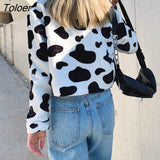 Long Sleeve Cropped Black and White Cow Print Jacket Women Streetwear Fall Kawaii Colorblock Coat Fluffy Velvet Fur