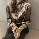 Lace Blouses Ruffle Patchwork Women Black Shirts Korean Vintage Turtleneck Elegant Ladies Tops Blusa Mujer De Moda