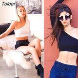 Women Tops Sexy One Shoulder Long Sleeve Camisole Femal Crop Tops Elastic Short Knitting Cropped Cami Tees