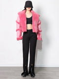 Colorblock Lapel Lambswool Jacket For Women Long Sleeve Women's Casual Short Coat Female Fashion Clothing Winter