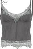 Lace Patchwork Brown Crop Top Y2k Clothes Fairy Grunge Style Cropped Tees Cami Ribbed Knitted Tank Tops