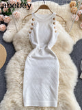 Button Details Sleeveless Knitted Bodycon Dress Women Summer Elegant Stretchy Dress Vintage Solid