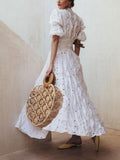 Summer New Women's Dress Fashion Temperament Sweet Bohemian Deep V Puff Sleeves Lace Hollow Waist Women's Long