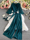 Women Bandage Two Piece Set Spring Autumn Solid Blue/Red/Green Long Sleeve Short Tops And High Waist Split Pants Female Suit